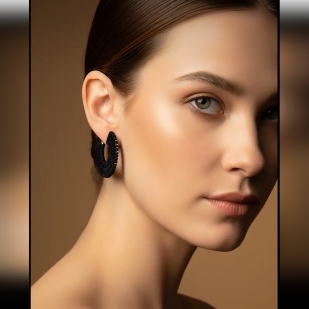 NEW Free People Black Woven Suede Hoop Earrings Bohemian Vibes Lightweight